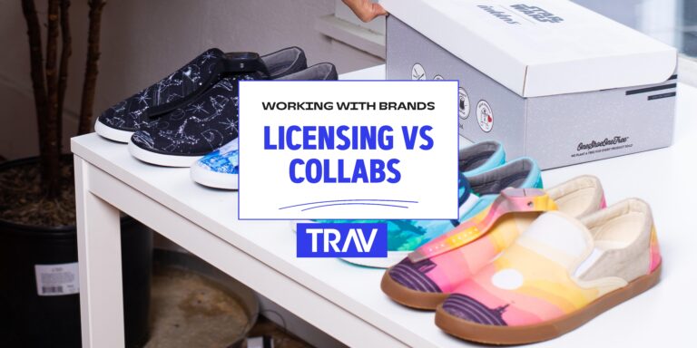 A table displays several pairs of patterned slip-on shoes and a Star Wars-branded shoebox, with a sign reading "Licensing vs Collabs" and "Working With Brands TRAV.